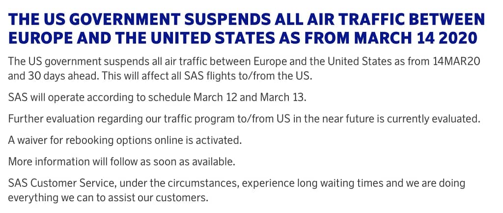 SAS COVID-19. US Suspends All Flights From Europe