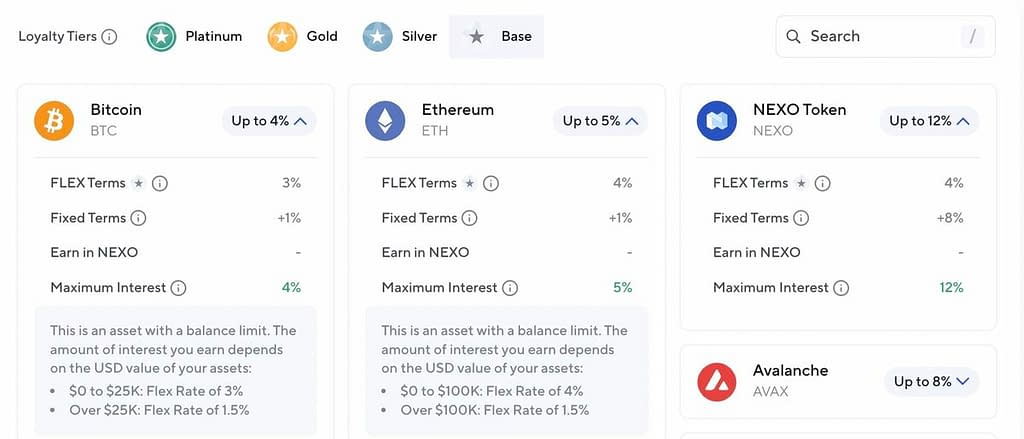 Nexo Earn rates for Base Loyalty Tier