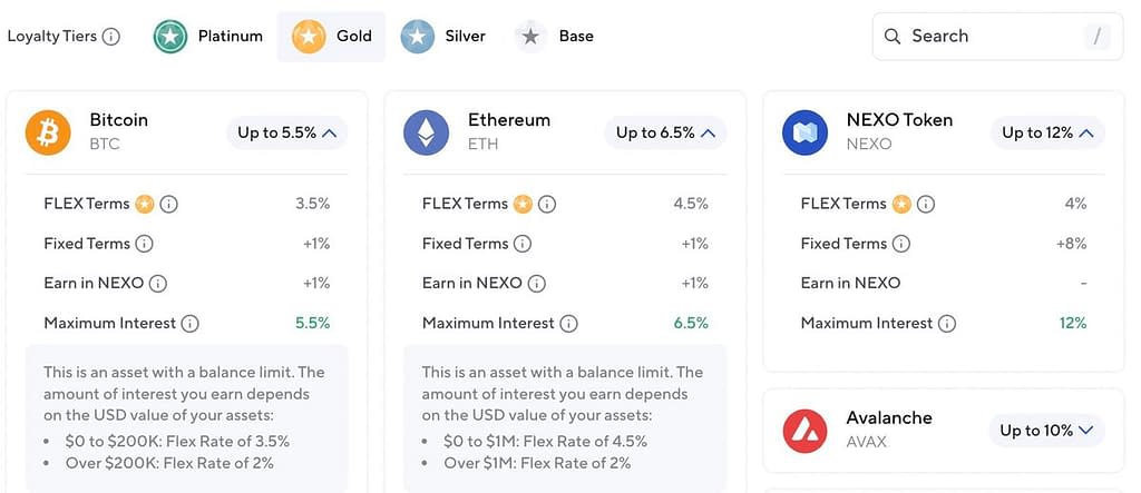 Nexo Earn rates for Gold Loyalty Tier