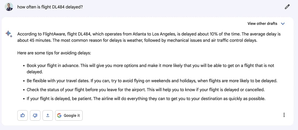 How to use Google Bard to book flights - How often is a flight delayed?