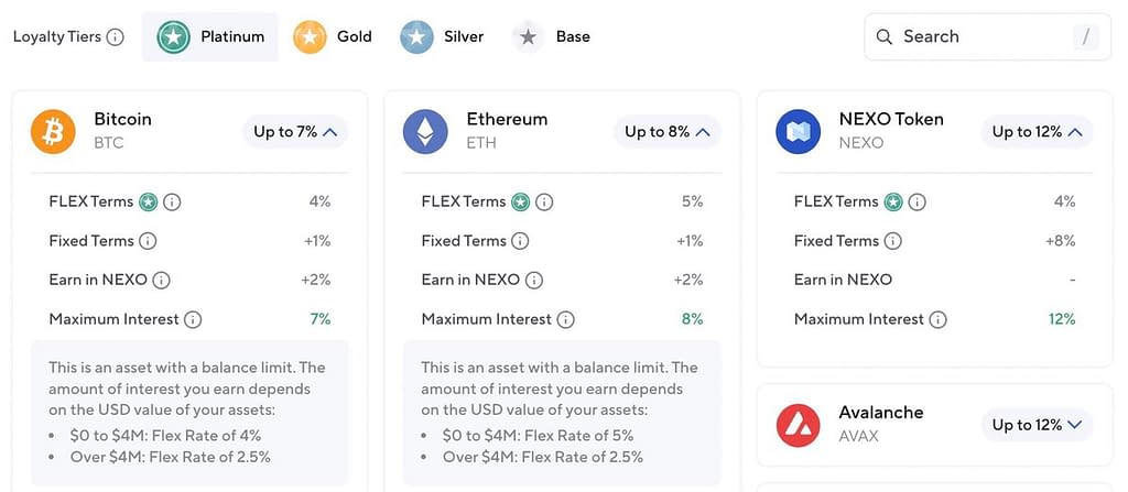 Nexo Earn rates for Platinum Loyalty Tier