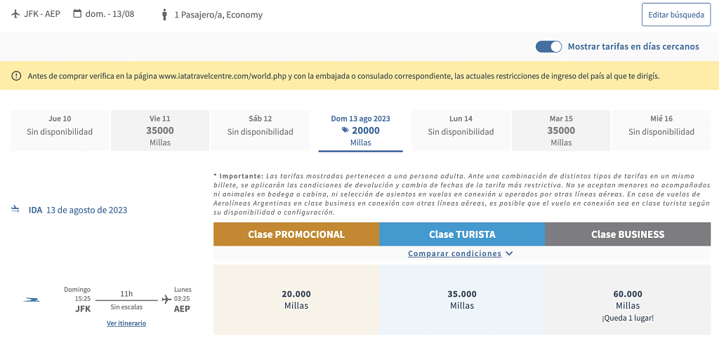 Aerolienas Argentinas JFK to AEP (nonstop) using Aerolineas Plus miles - Aug 30