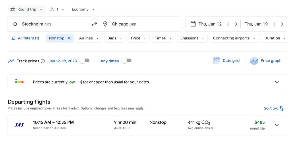 Google Flights Stockholm to Chicago with SAS