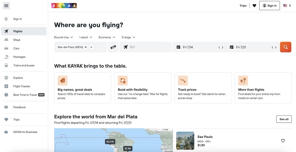 Kayak: one of the best AI Apps for flight booking in 2023. It uses AI to find cheap flights.