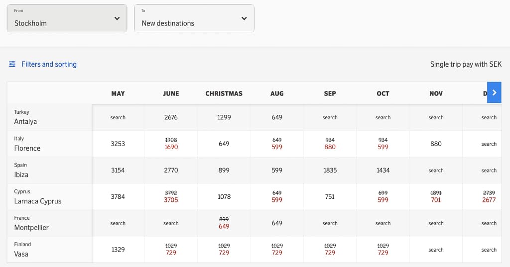 SAS Low Price Calendar (May 2023) - Stockholm to new destinations