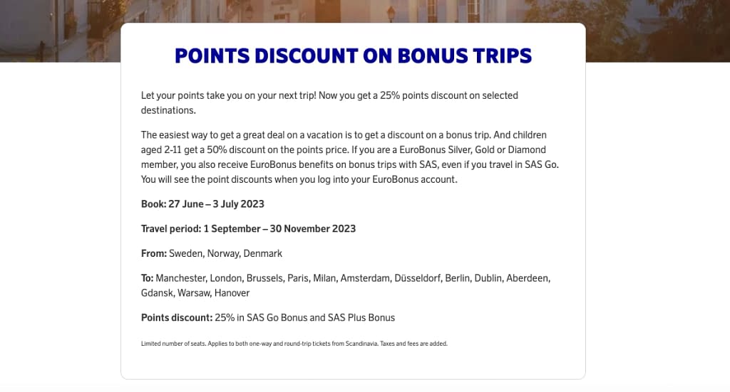 SAS 25% Discount on Point Trips (EuroBonus Poangrabatt June 2023)