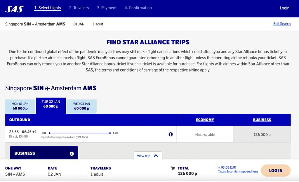 Book Flights on Singapore Airlines with EuroBonus points - Singapore to Amsterdam