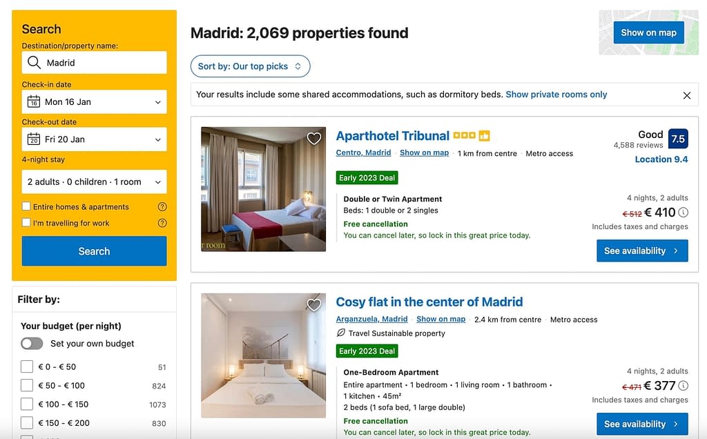 Booking.com Early 2023 Deals (Madrid)