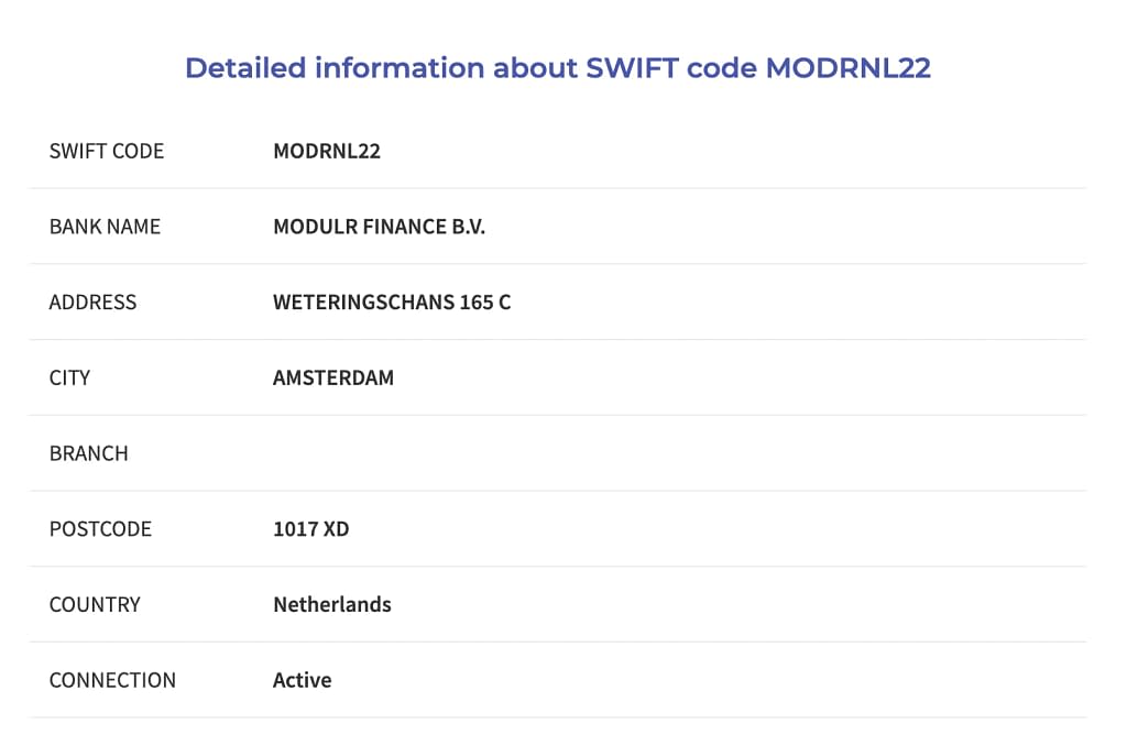 Modulr Swift code MODRNL22