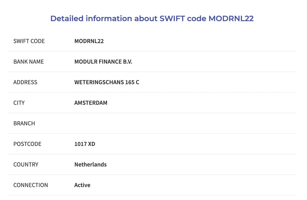 Modulr Swift code MODRNL22