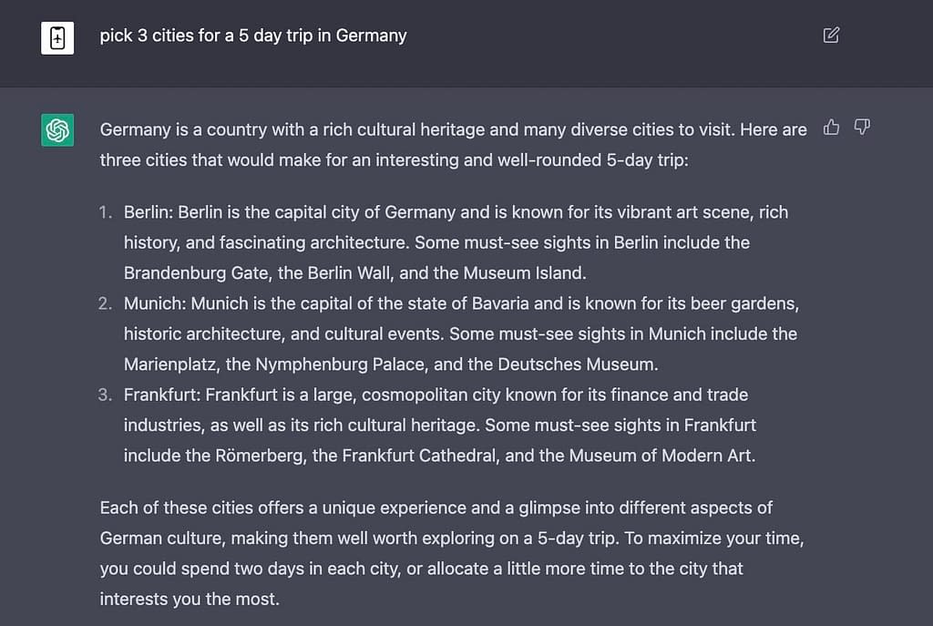 ChatGPT Travel Planner: Cities in germany