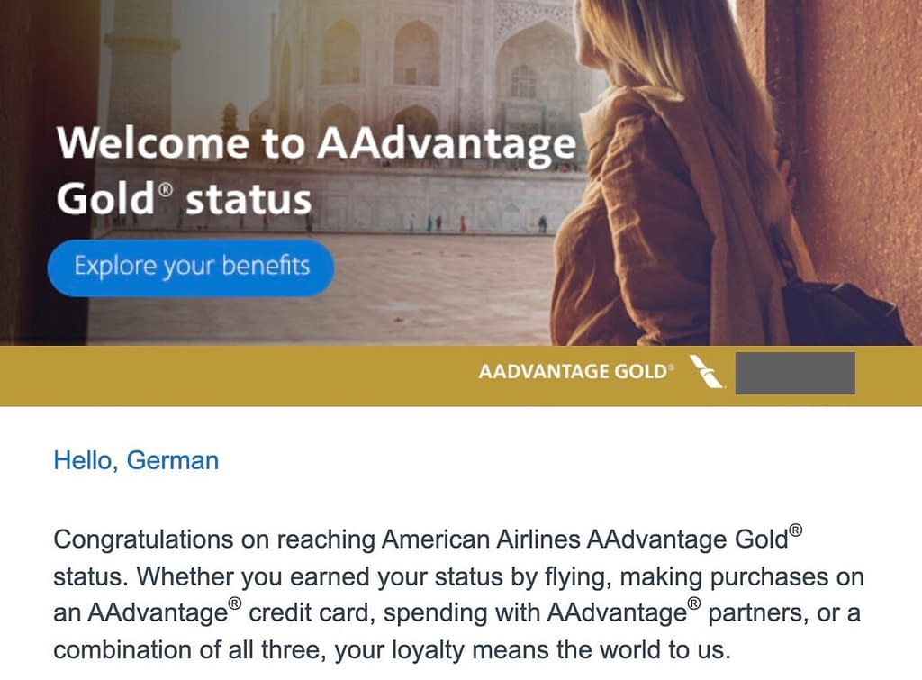 Welcome email to AAdvantage Gold status (2023)