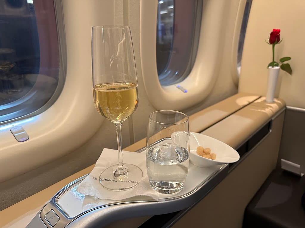 Lufthansa 747-8 First Class in 2023 - Welcome Drink