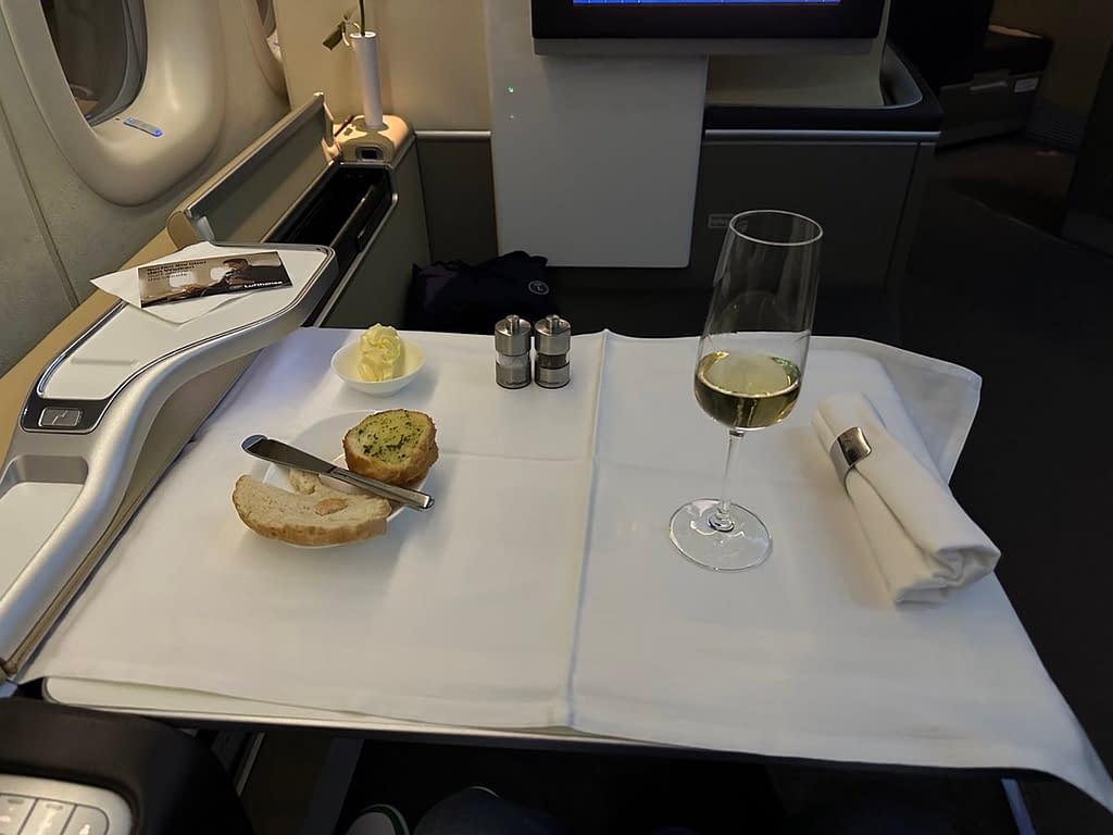 Lufthansa 747-8 First Class in 2023 - Dinner 1