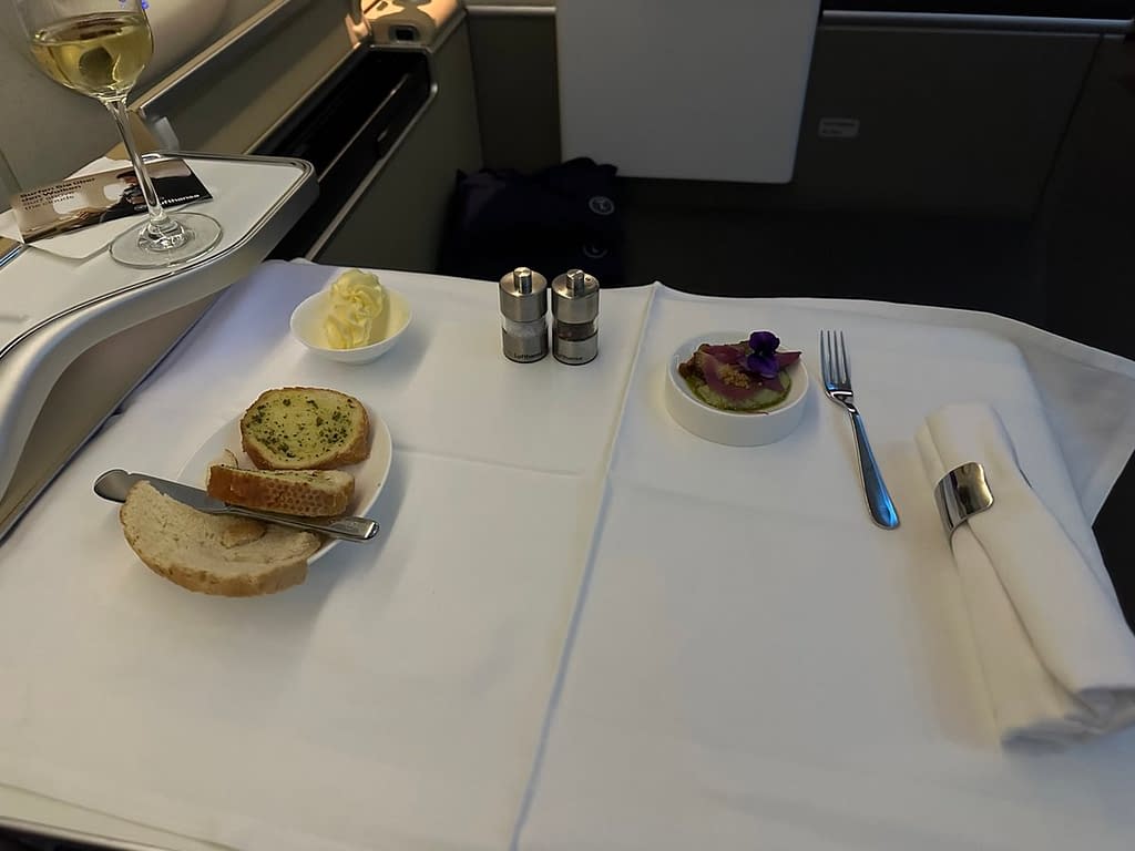 Lufthansa 747-8 First Class in 2023 - Dinner 2