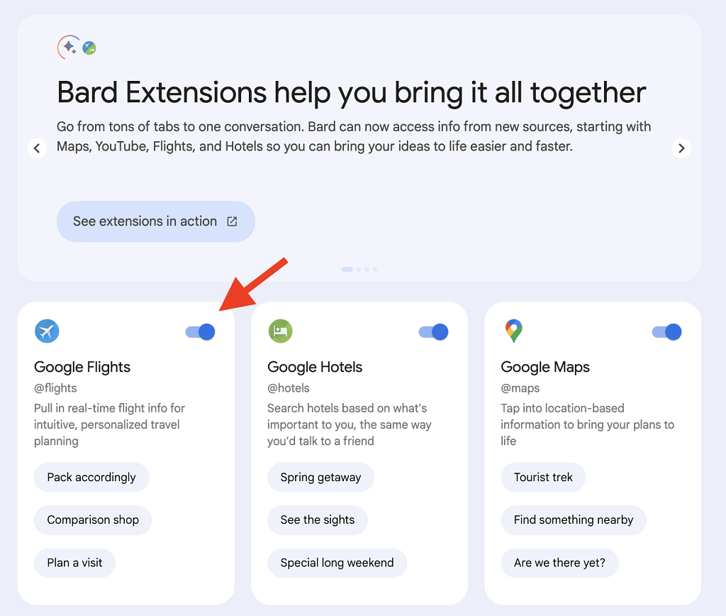 Turn on the Google Flights extension in Google Bard