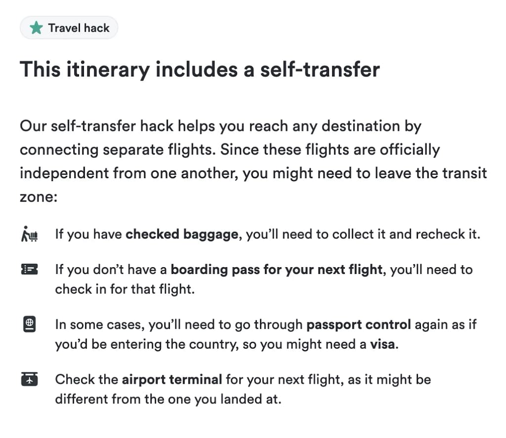 Kiwi self-transfer itinerary (Explained)
