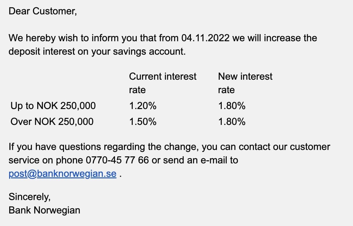 Bank Norwegian increases savings account interest rate to 1.8%