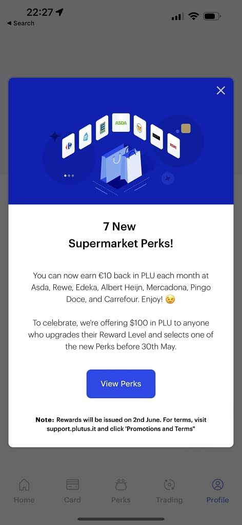 Plutus app announcing the new Supermarket Perks