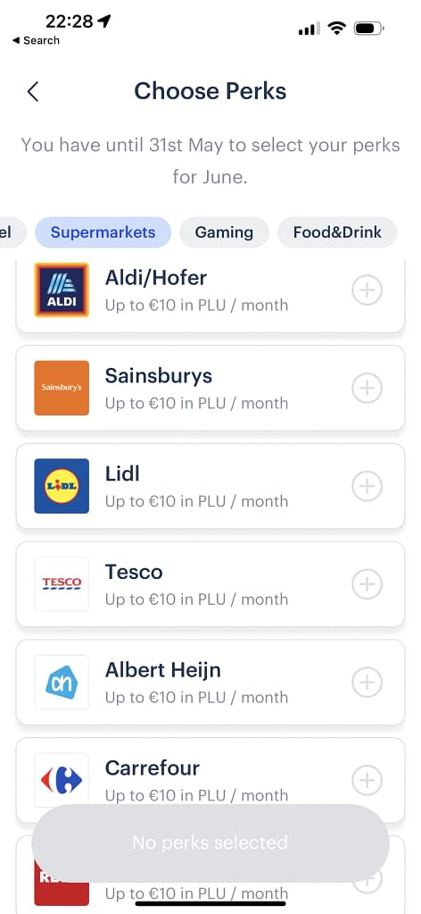 Supermarket Perks tab in the Plutus app