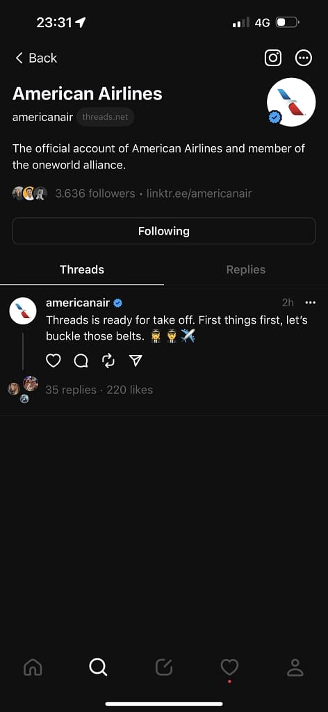 American Airlines on Instagram Threads (2023)