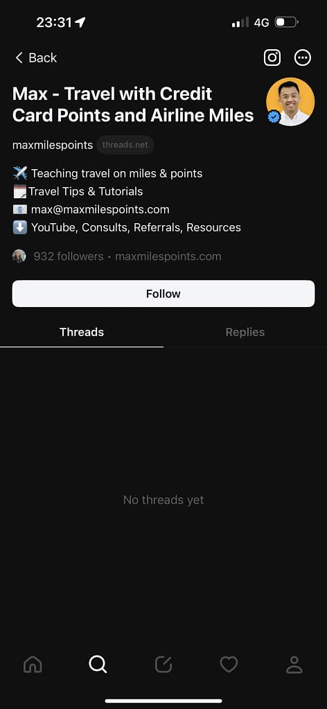 MaxMilesPoints on Instagram Threads (2023)