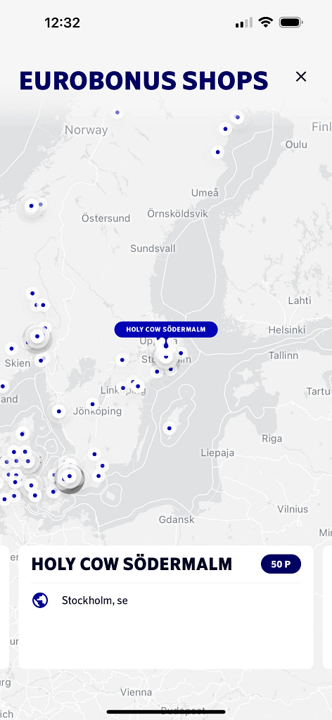 Map with stores that earn EuroBonus points