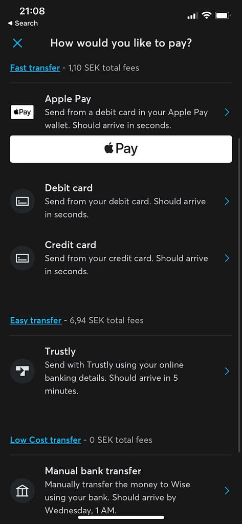 Wsie add money - different payment methods
