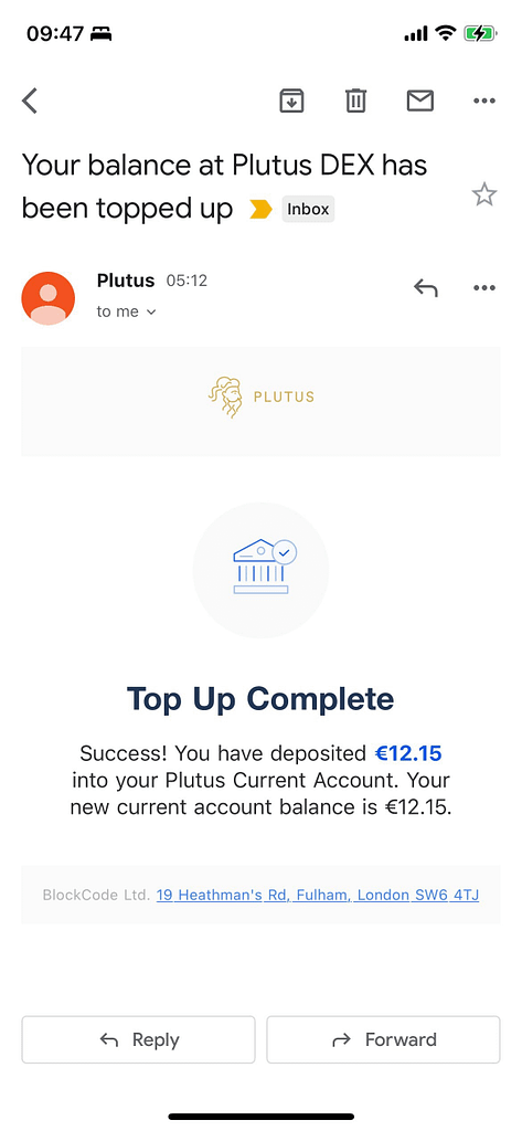 Plutus top-up confirmation via email