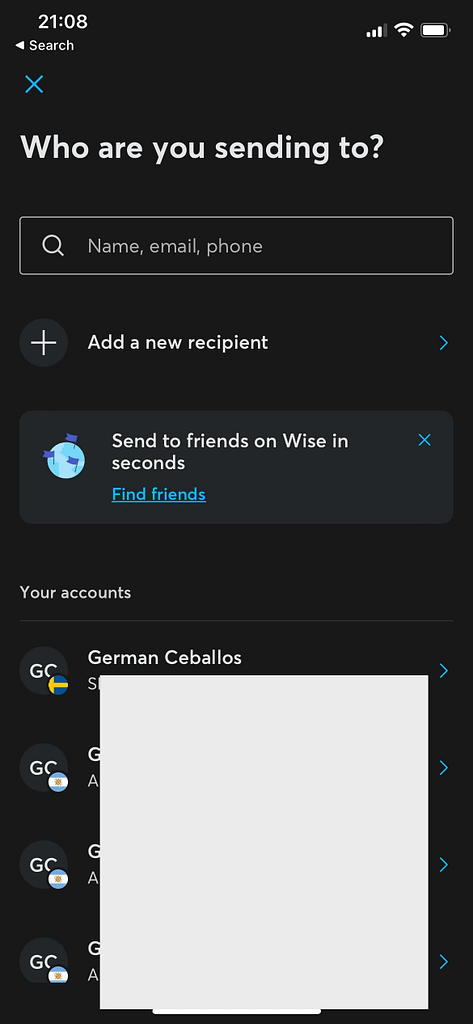 Wise add a new account to transfer