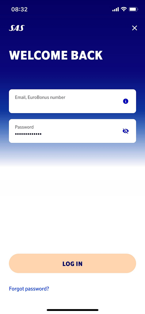 New SAS App for iPhone (2023) - Log in Screen
