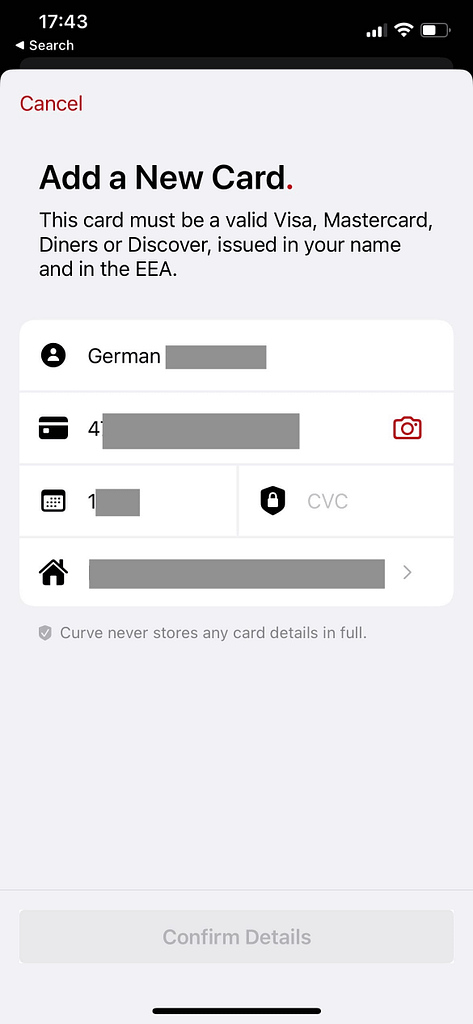 Curve app: add a new card screen (enter details manually)