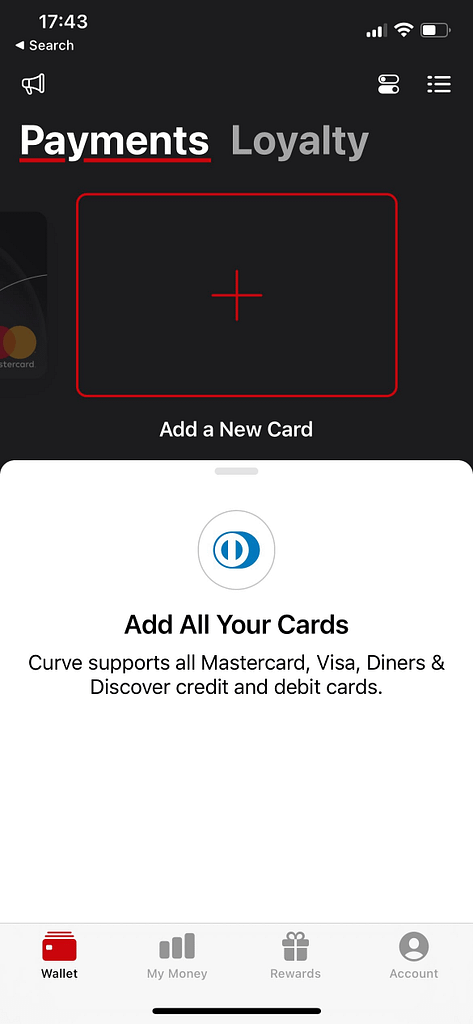 Curve app: add a new card screen