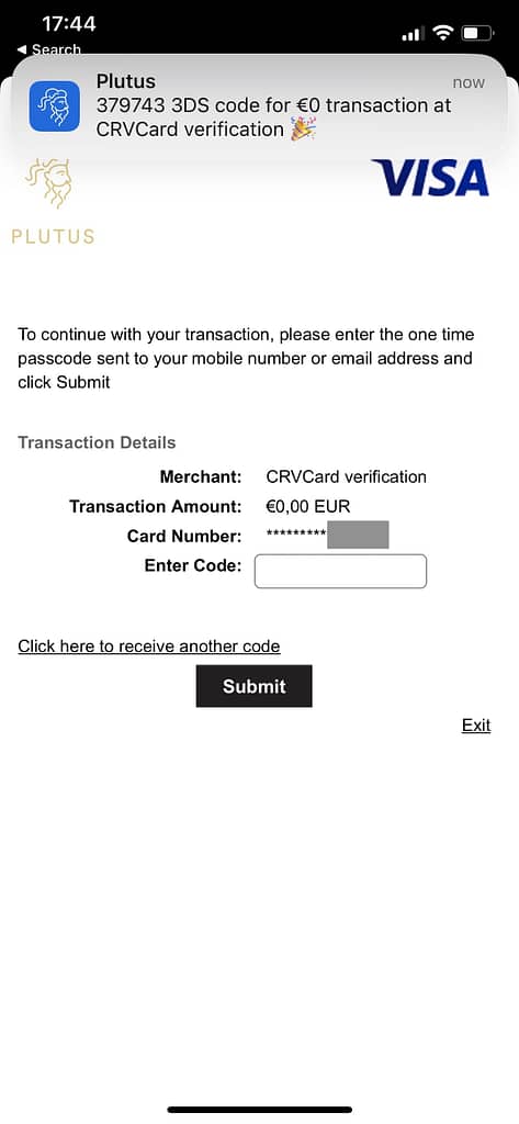 Add the Plutus card to Curve: verification step