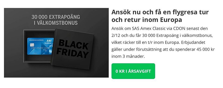 BLACK FRIDAY DEAL: Get 30000 EuroBonus Points signing up for SAS Amex Classic via CDON