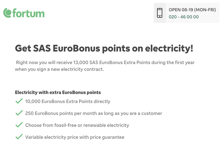 Fortum: Get 500kr or 13.000 SAS EuroBonus Points with your new electricity contract