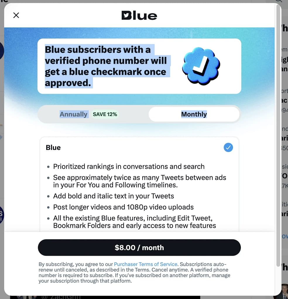 Twitter Blue Signup Page