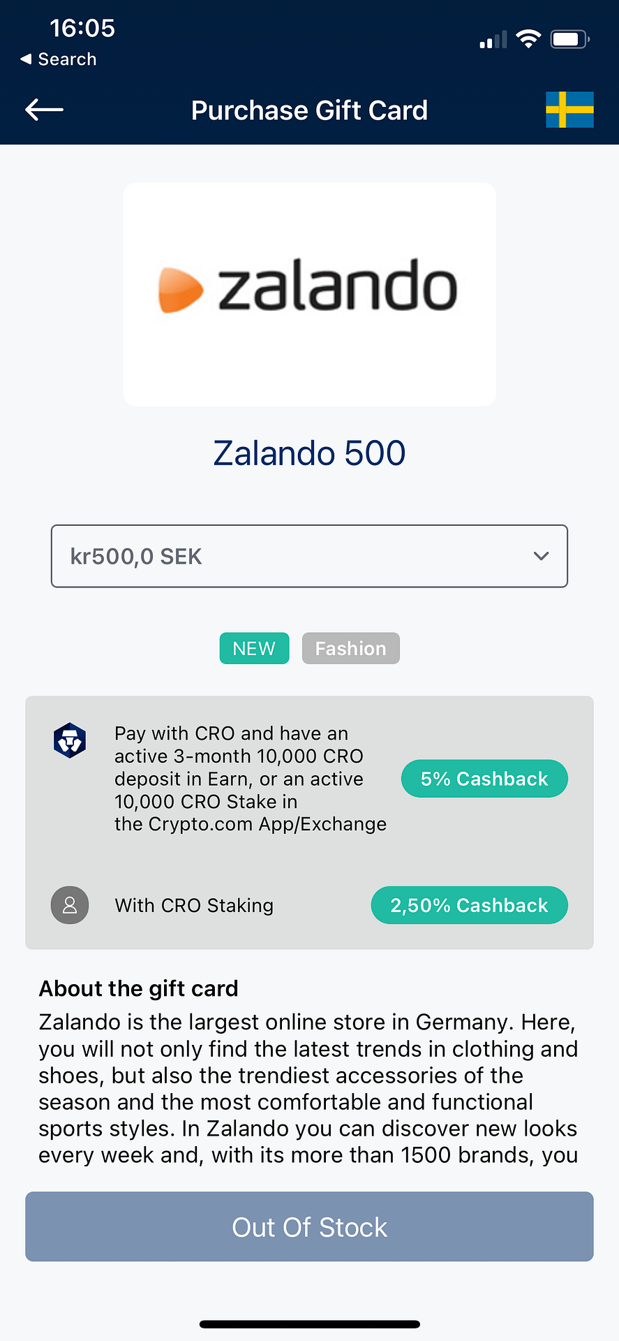 Zalando Crypto.com Gift Card Cash Back