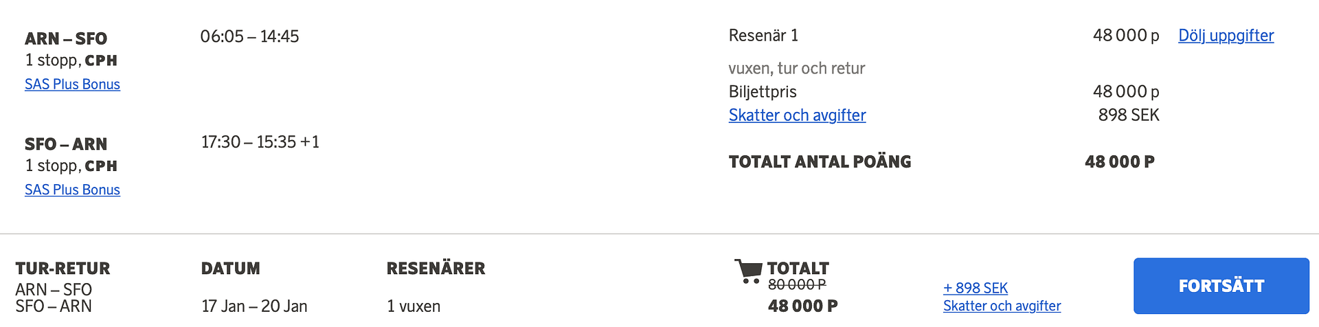 Stockholm to San Francisco in SAS Plus for 48.000 EuroBonus Points