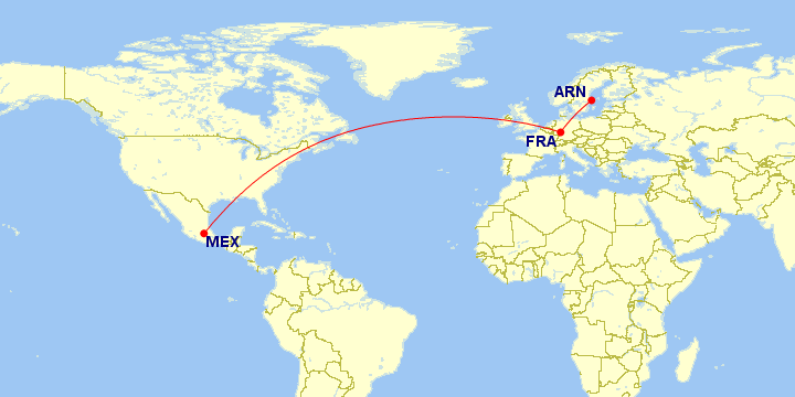 The route Stockholm (ARN) - Frankfurt (FRA) - México (MEX) with Lufthansa