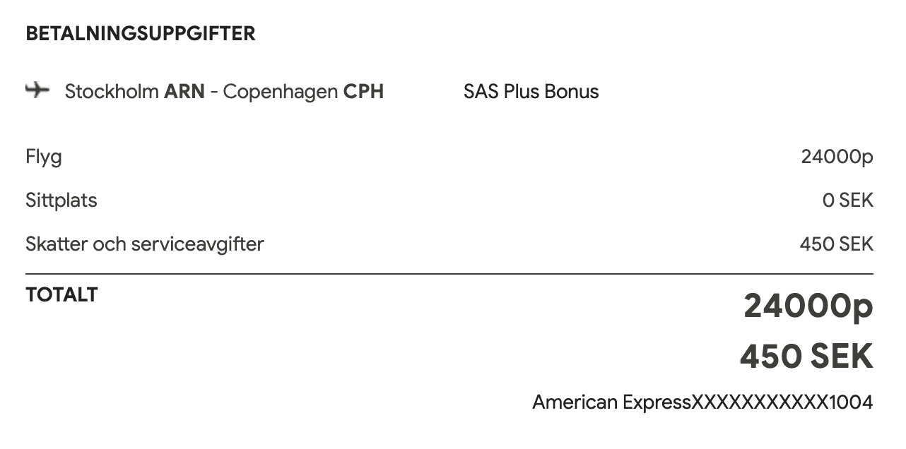 Stockholm to Copenhagen using SAS EuroBonus points (Fly Premium voucher applied, from SAS mastercard)