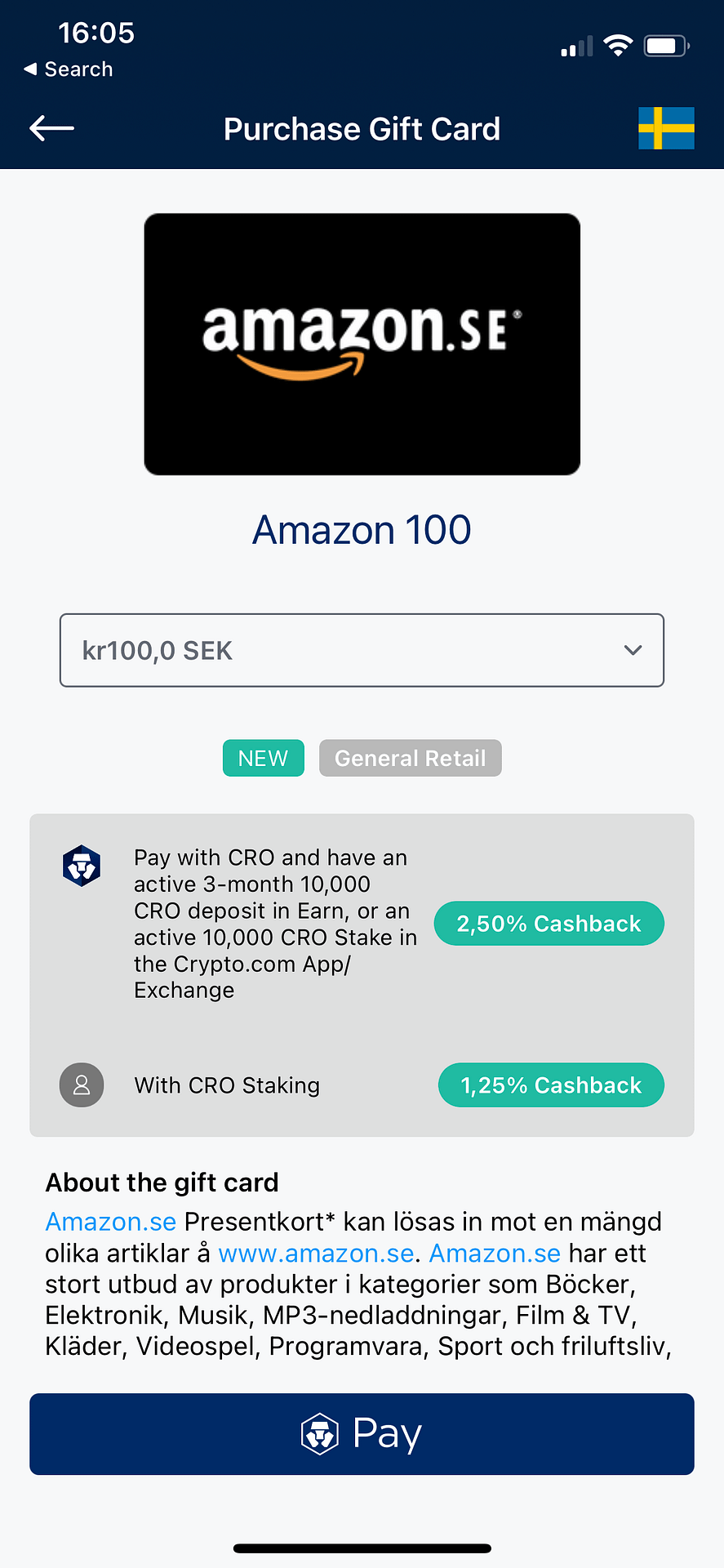 Amazon.se Crypto.com Gift Card Cash Back
